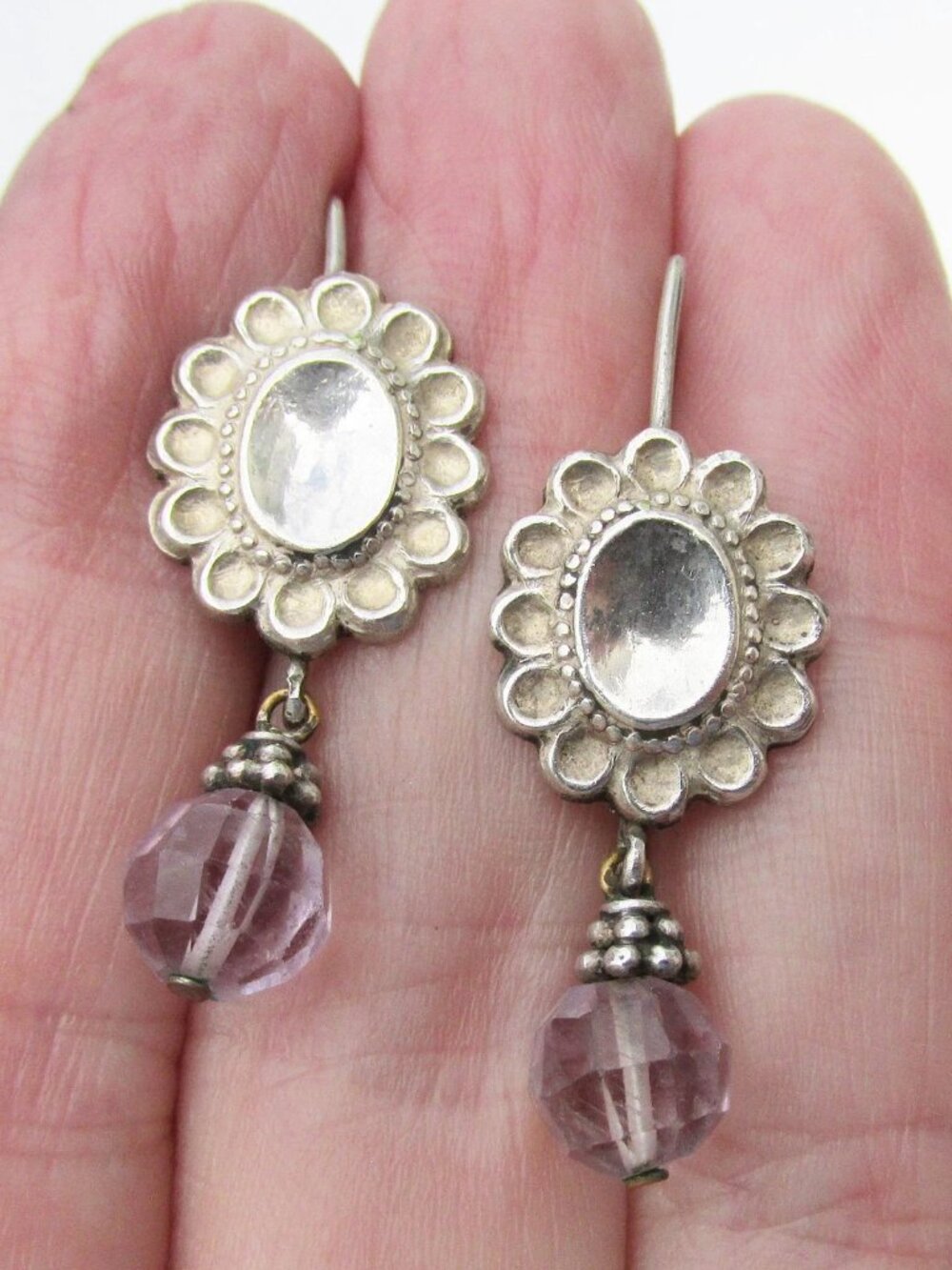 Vintage Sterling Silver FLOWER & Pale Lavender Crystal Dangle Pierced Earrings